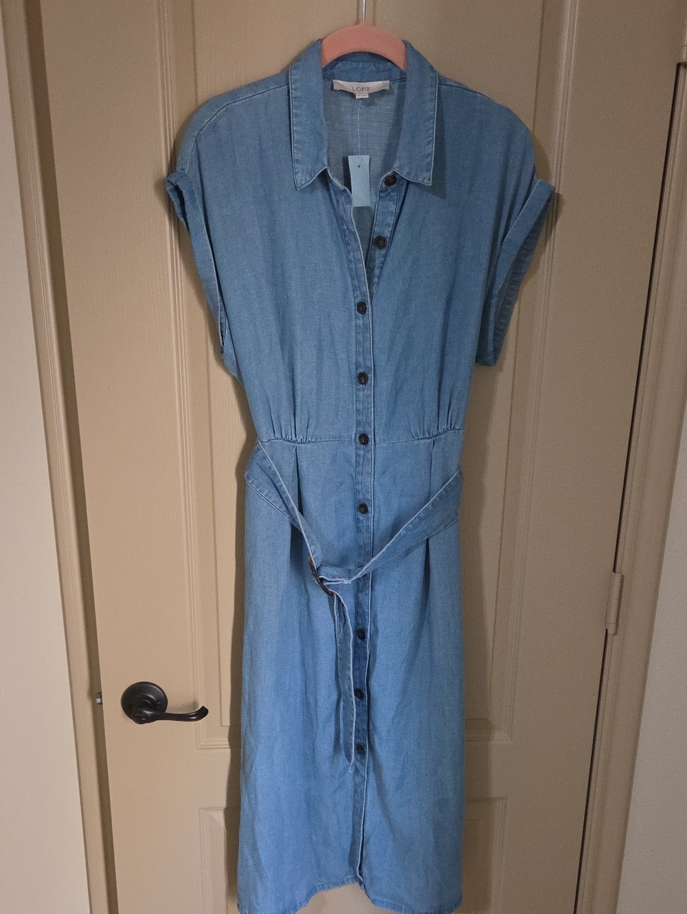 LOFT Light Blue Denim Midi Shirt Dress with Waist Tie